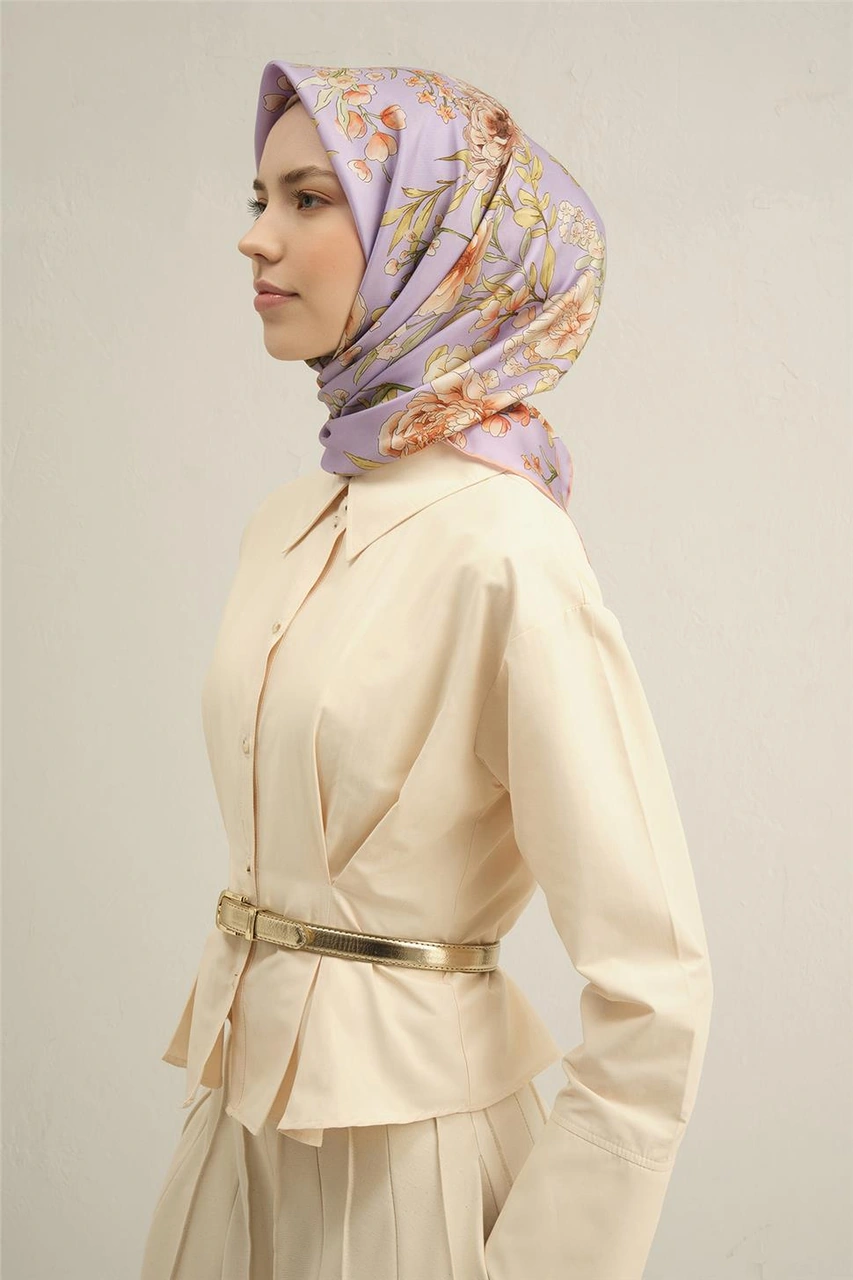 Armine Çiçek Desenli Saf İpek Twill Eşarp 9347d 50 Lila