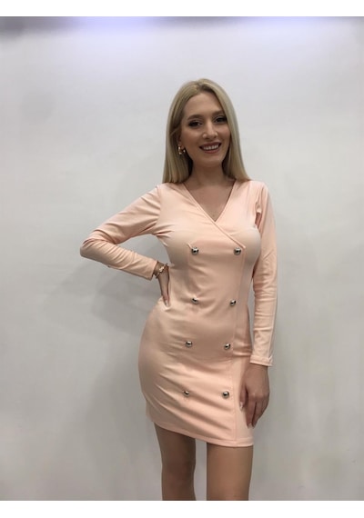 Pink Life Uzun Kollu Pudra Düğme Detaylı Mini Elbise - Kadın Pudra