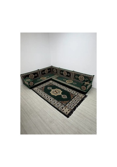 Güneş Modeli Yeşil Otantik Şark Köşesi Takımı L Set - Geleneksel Yer Minderi Seti 10 Cm Minder Kalınlığı 10 Parça