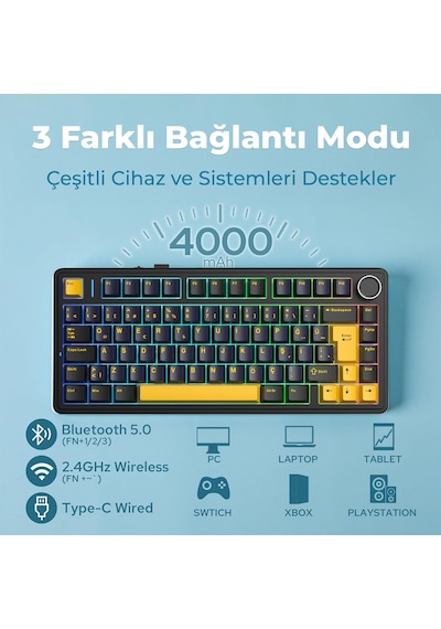 Aula F75 Mekanik Rgb Tkl Graywood V4 Switch Kablosuz Makrolu Hot Swap Türkçe Q Klavye Siyah