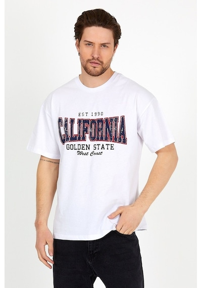 Unisex Beyaz Baskılı Bisiklet Yaka Oversize T-Shirt-Beyaz