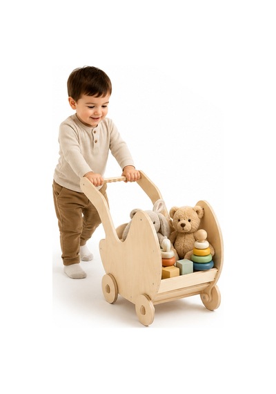 Montessori Ahşap Yürüteç Oyuncak Bebek Arabası İtmeli Çocuk Oyun Arabası