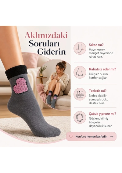 Genel 6 Lı Kadın Kışlık Havlu Çorap Sıcak Tutan Karışık Desenli Yumuşak Çoklu Çora Füme / 36-40 / 6 Adet