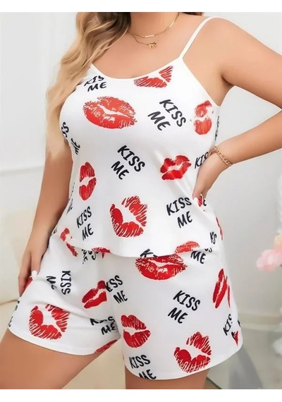 Veraura Lifestyle Büyük Beden Kiss Me Öpücük Desen Pamuklu Şortlu Pijama Takımı Beyaz