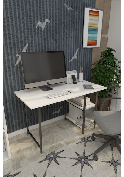 VayAvm 60x120 Metal Ayaklı 2 Raflı Çalışma Ofis Masası Beyaz