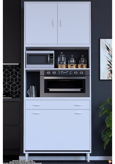 Belin 100 Cm Fırın Dolabı Kahve Köşesi Kapaklı Sepetli Mutfak Kiler Dolabı Banyo Dolabı 100x226x32cm Beyaz