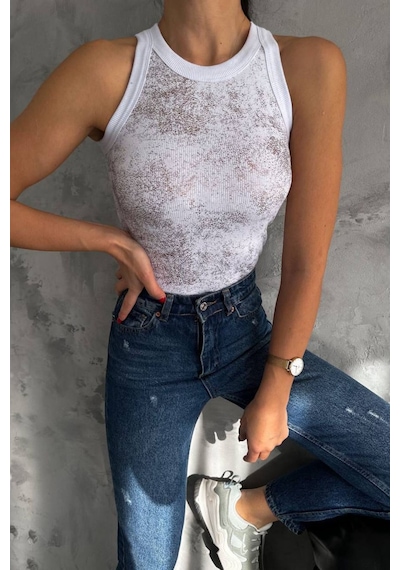 Balenbi Kadın Sim Baskılı Kolsuz Kaşkorse Body 1065 Beyaz 2