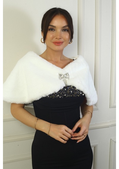 Kadın Broşlu İçi Astarlı Bolero Beyaz