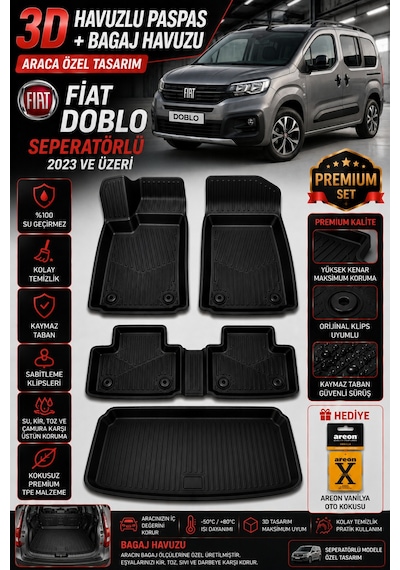 Fiat Doblo Seperatörlü 2023 Model Uyumlu 3d Araca Özel Havuzlu Paspas+bagaj Havuzu Birebir Uyum