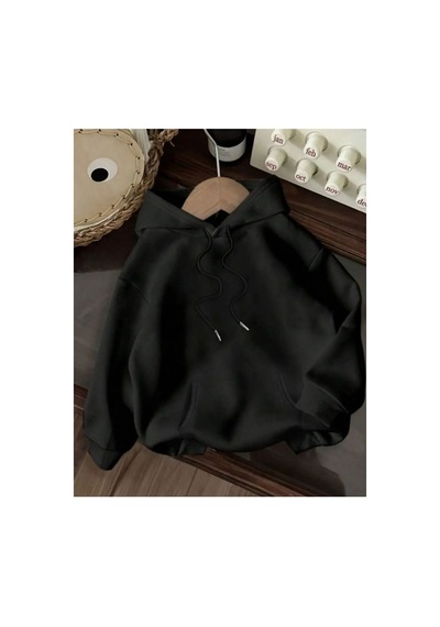 Herkesemoda Arka Baskı Detaylı İçi Polarlı Kapüşonlu Sweatshirt Siyah