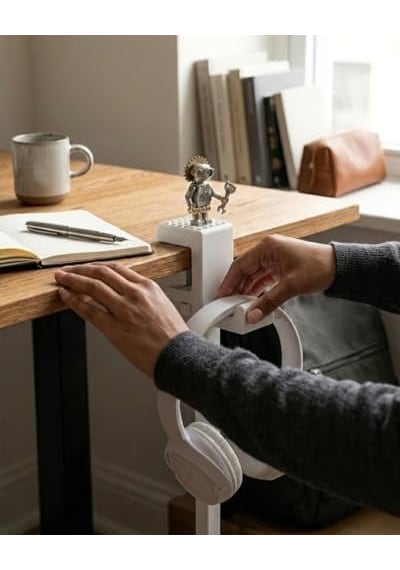 Atalarstudio Kulaklık Standı Masa Kenarı Kıskaç Tutucu, Mini Figür Sergi Yüzeyli, 18-33mm Masa Uyumlu, Vidalı Sıkıştırma Sistemi, Oyun Ve Ofis Masası Aksesuarı, 3d Baskı, Beyaz