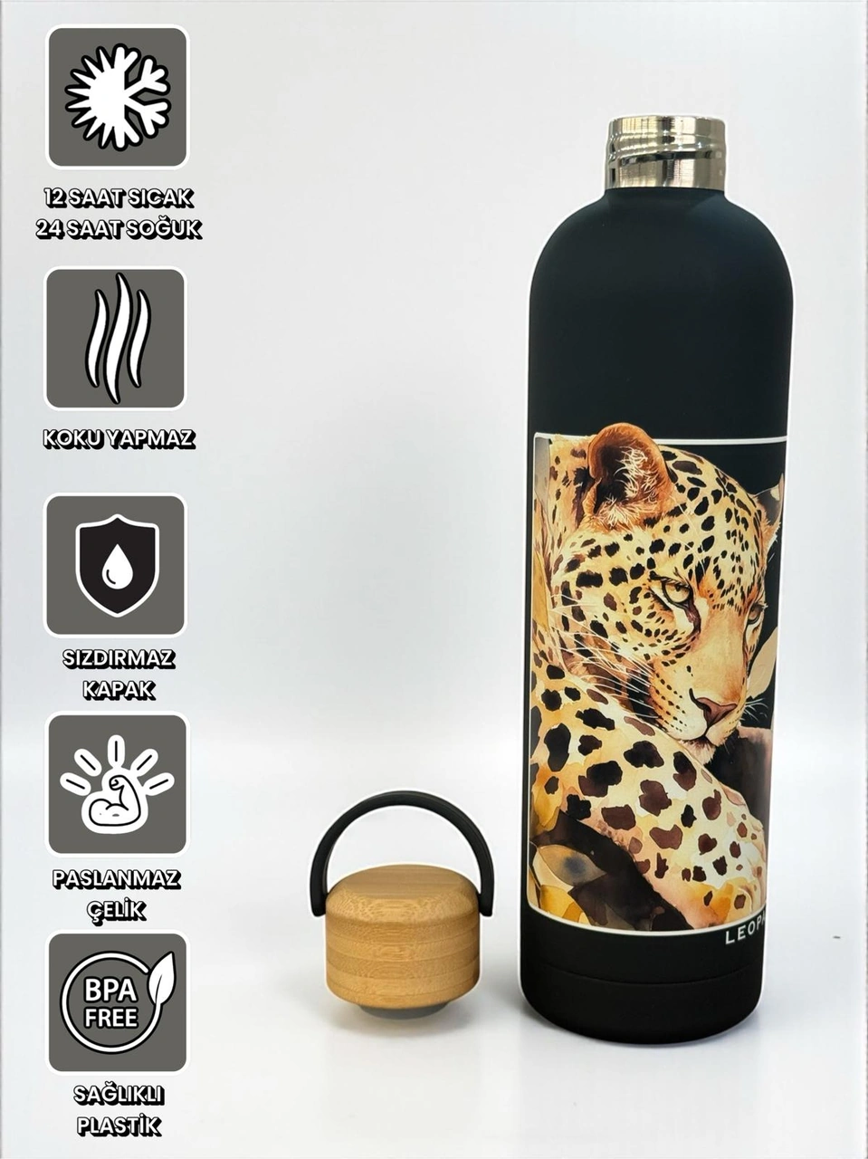 Bambu Kapaklı Siyah Renk Leopar Figürlü 1000 Ml Paslanmaz Çelik Termos Siyah