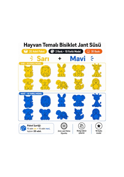 Hayvan Temalı Bisiklet Jant Süsü 20 Parça 2 Renk 10 Farklı Model Mavi-sarı Mavi - Yeşil