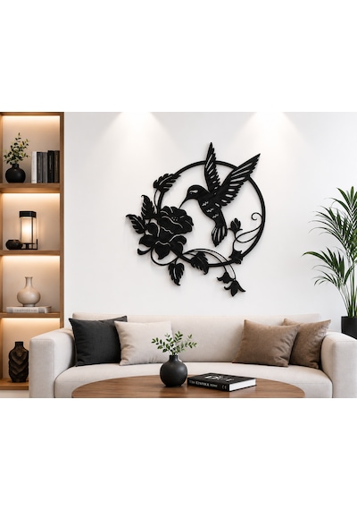Sinek Kuşu Ve Çiçek Duvar Dekoru Siyah Mdf 6mm 30x29,5cm 30x29,5
