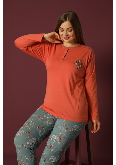 Nisanca Uzun Kollu %100 Pamuk Büyük Beden Anne Pijama Takımı- Anne Özel Serisi Turuncu