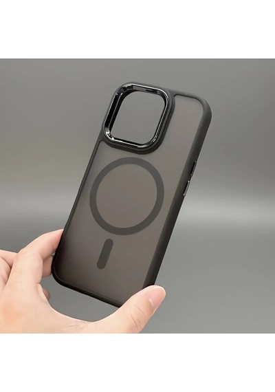 Apple Uyumlu iPhone 15 Pro Kılıf Magsafe Ve Şeffaf Lens Koruyuculu Gri