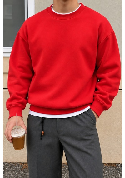 Cool Tarz Erkek 3 İplik Şardonlu Regular Fit Bisiklet Yaka Basic Sweatshirt Kırmızı Kırmızı