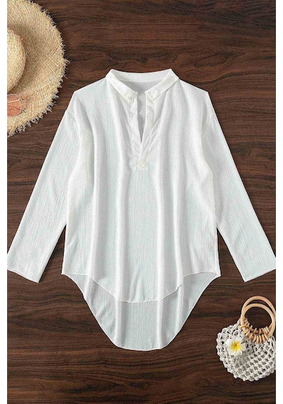 Angelsin Gömlek Görünümlü Likralı Plaj Elbisesi Pareo Cover Up Kimono Beyaz