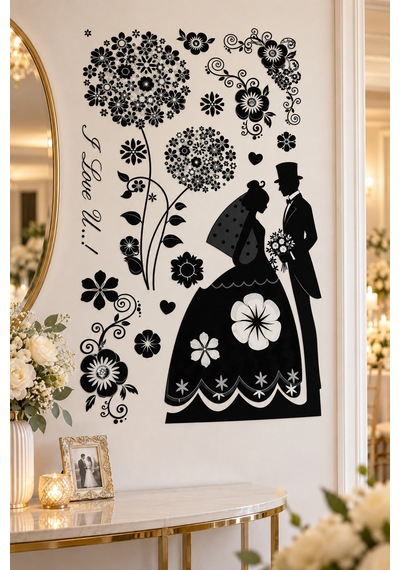 3d Simli Gelin Damat Duvar Stickerı 32x50 Cm Siyah Beyaz Çiçekli Düğün Nişan Duvar Dekorasyonu Renkli