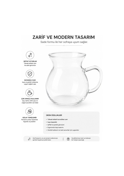 Keyfiala Isıya Dayanıklı Borosilikat Cam Çay Bardağı Şeffaf Kulplu Zarif Tasarım Çay Kahve Fincanı Şeffaf