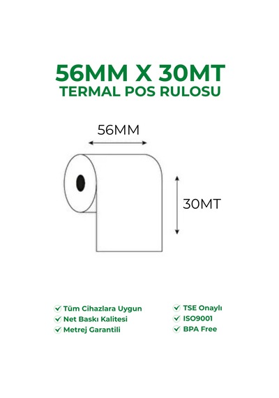 56x30 Termal Rulo Yazarkasa Pos Rulosu 5 Paket 50 Adet Tse Belgeli Bpa Free