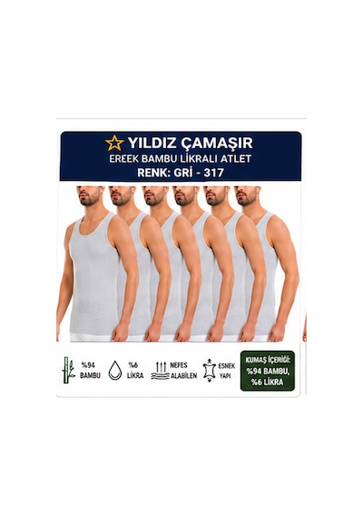 Yıldız Çamaşır Erkek Bambu Likralı Askılı Atlet 315-316-317-318 - 6 Adet Gri