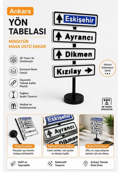 Ankara Yön Tabelası Mini Masaüstü Dekor 3d Baskı Şehir Tabelası