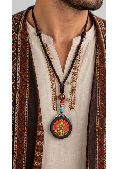 Etnik Motifli Erkek Kolyesi 70 Cm Örgü İpli Boncuk Detaylı Otantik Tasarım Altın - Gümüş
