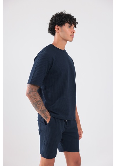 Rowinger Waffle Dokulu Oversize T-shirt Ve Şort Erkek Takım Navyblue