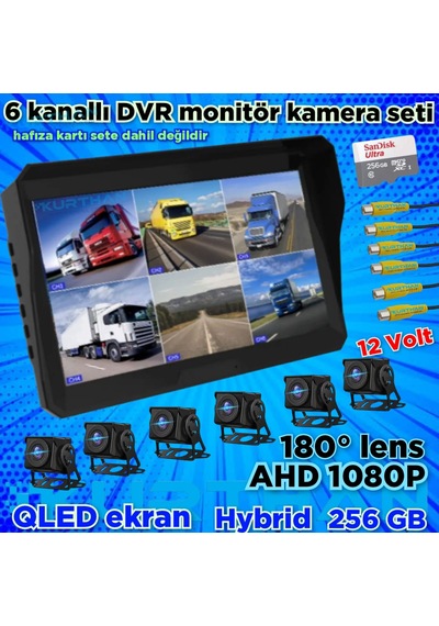 Qled 10'' Dvr Monitör 6 Adet 1080p Ahd 180 Derece Kamera 12 V