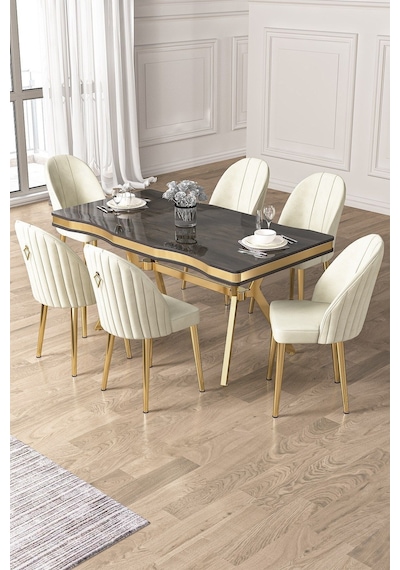 Canisa Pem Serisi 90x160 Lak Panel Antrasit İroni Gold Ayak Masa Takımı 6 Krem Sandalye Siyah Canisa Pem Serisi 90x160 Lak Panel Antrasit İroni Gold Ayak Masa Takımı 6 Krem Sandalye Siyah