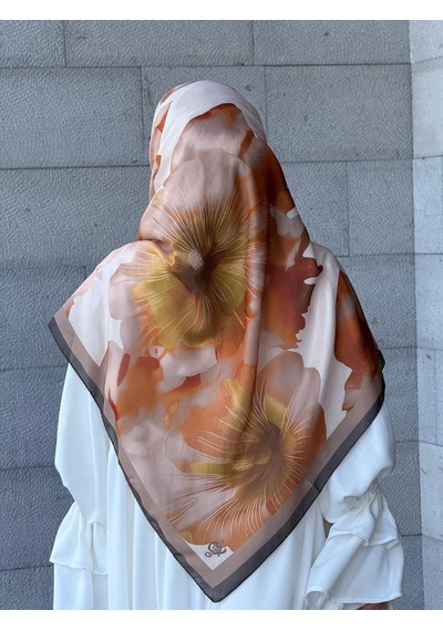 Qalortex Scarf Pamuklu Flora Desen Eşarp-vizon