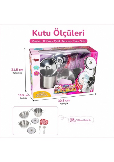 8 Parça Çelik Tencere Tava Seti, Çocuklar İçin Metal Mutfak Ve Evcilik Oyun Seti Atf-1818-3 Diğer