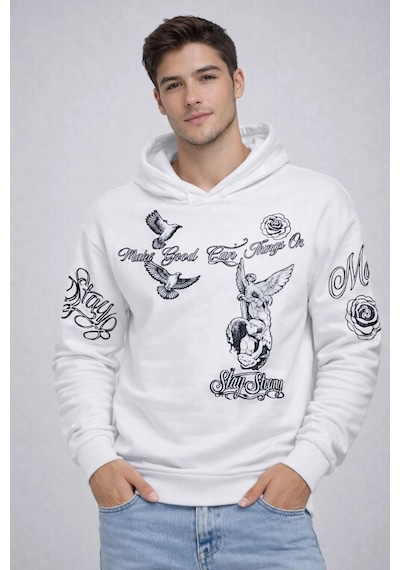 Novalisse Erkek 3 İplik Pamuklu Kapüşonlu Baskılı Sweatshirt Hoodie - Beyaz Çoklu Renk