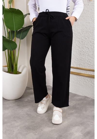 Nevayla Moda Beli Lastikli Keten Pantolon - Siyah / A0104 Siyah