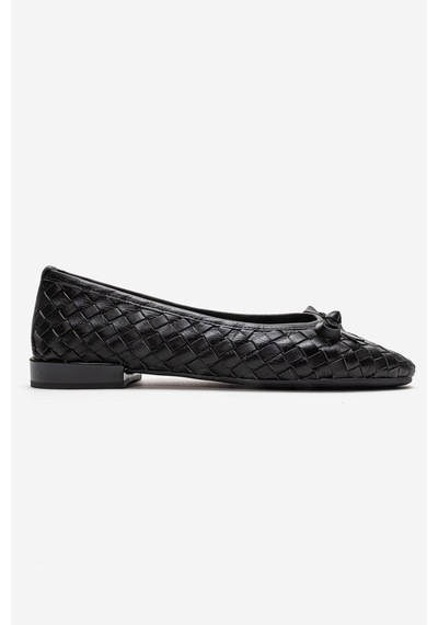 Luvishoes Garen Siyah Örgü Hakiki Deri Fiyonklu Kadın Babet Ayakkabı