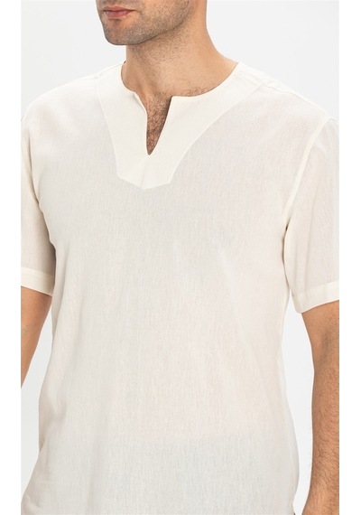 Eliş Şile Bezi Kısa Kol Şile Bezi Bisiklet Yaka Erkek Tshirt Krem 3002
