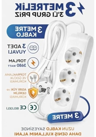3 Metre Uzatma Kablosu, 3 Lü Topraklı Priz 0