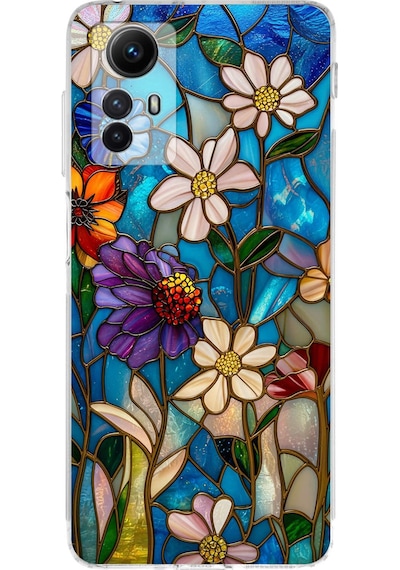 Printify Redmi Note 12s İle Uyumlu Vitray Mavi Bahar Tasarımlı Şeffaf Silikon Kılıf Şeffaf