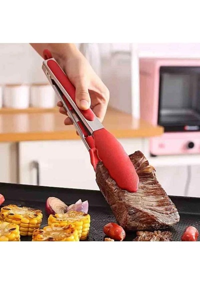3b Trend Metal Kızartma Maşası Silikon Uçlu Maşa Kırmızı Renk