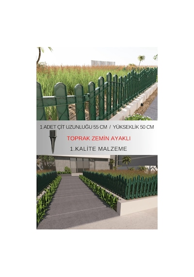 Dekoratif Plastik Bahçe ve Peyzaj Çiti 10 Adet ÇİT (Y: 50 CM / G: 5.5 M) Toprak Ayaklı - Yeşil