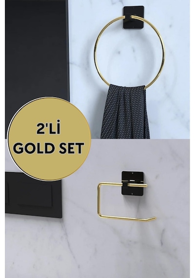 Karteya Gold 2'li Set Avantajlı Yuvarlak Havluluk Ve Tuvalet Kağıdı Tutacağı Altın