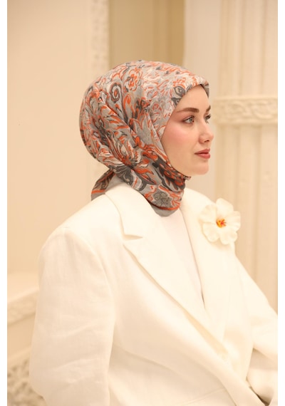 Silk Home Olinda İpek Eşarp 47002-08 Gri, Parlak Turuncu, Füme, Ekru