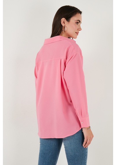 Lela Regular Fit Güpürlü Cep Detaylı Uzun Kollu Bayan Gömlek 6773215 Şeker Pembe
