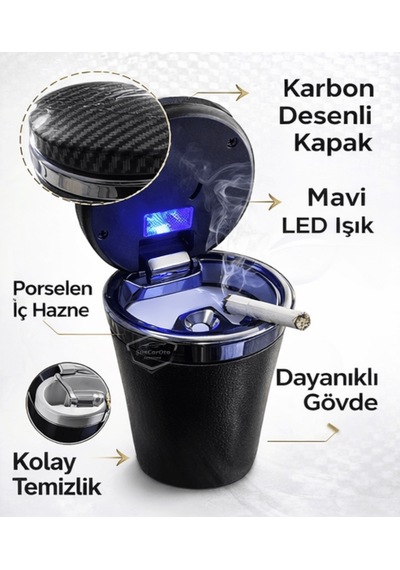 Üniversal Porselen Yanmaz Koku Geçirmez Mavi Işıklı Lüx Oto Küllük Dumansız Kapaklı Spor Araç İçi Küllük Araba Küllüğü Karbon Kapak