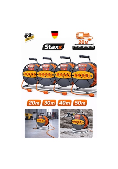 Staxx Stx2020u Metal Gövdeli Makaralı Uzatma Kablosu 20m 3x2.5 Mm 4 Prizli Şantiye Atölye Bahçe 20 M
