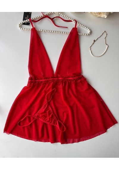 Kadın Boyundan Bağlamalı Derin Dekolte Tül Mini Gecelik/babydoll Kırmızı