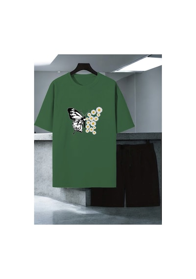 Uyguntarz Unisex Papatya Kelebek Tasarım Basklı Tshirt Şort Takımı Yeşil