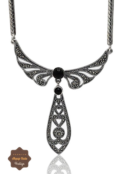 Oniks Taşlı Melek Kanat Model Markazit Taşlı Gümüş Kadın Gerdanlık 201024266 Gümüş