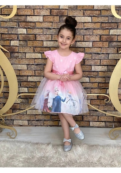 Neşeli Bebe Kız Çocuk Frozen Elsa Pembe Elbise